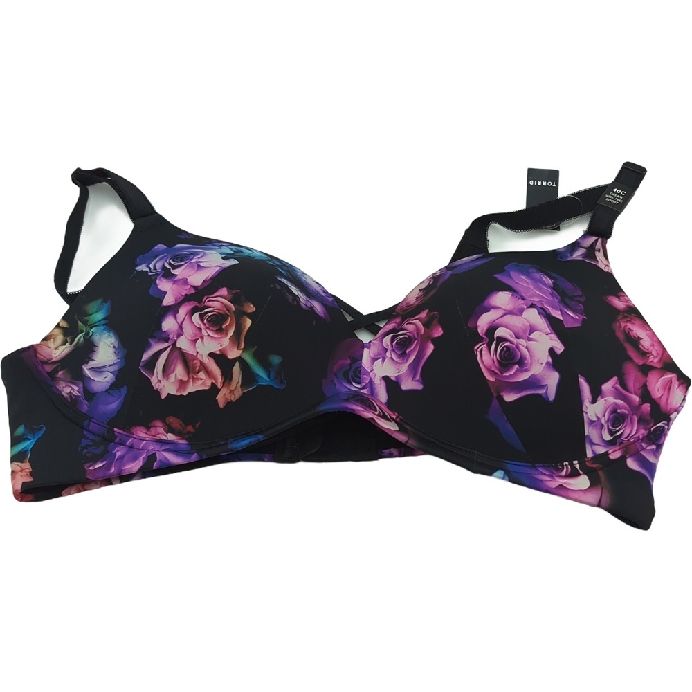 Torrid Dream Wire-Free Boost Bra 40C Midnight Roses Floral Black Back Smoothing
